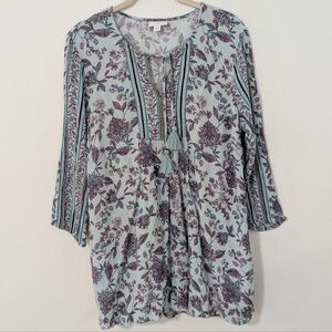 J. Jill Floral Peasant Top Tassel Tie Neck Three Quarter Sleeve Blue Small S